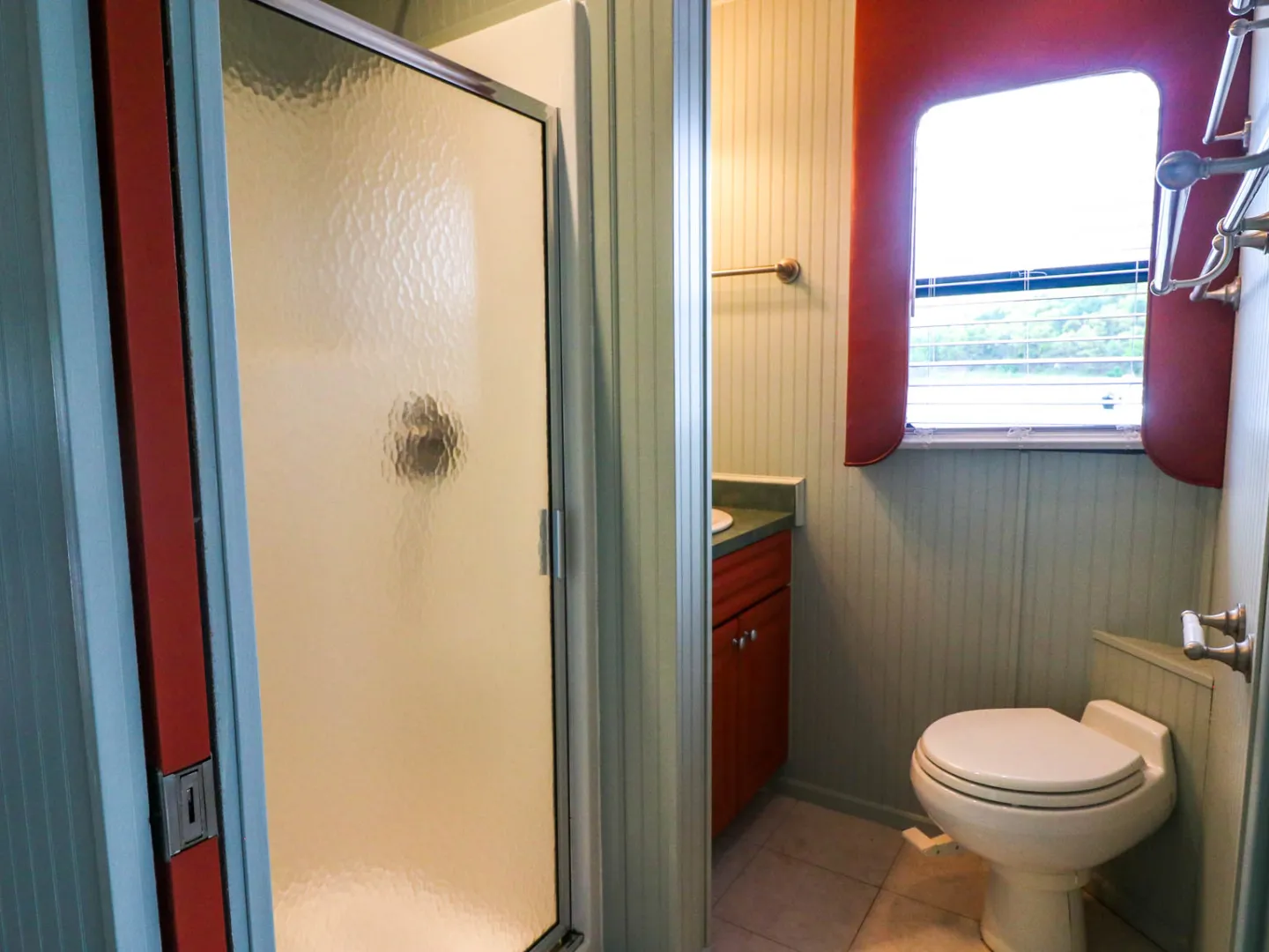 a view of the shower curtain