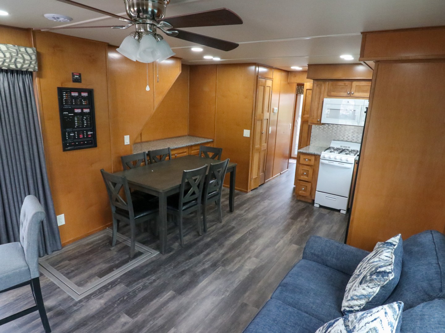 a room filled with furniture and a fireplace