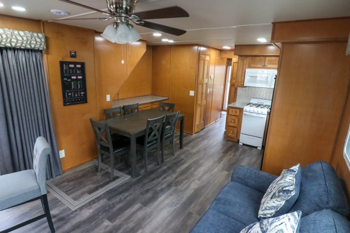 a room filled with furniture and a fireplace