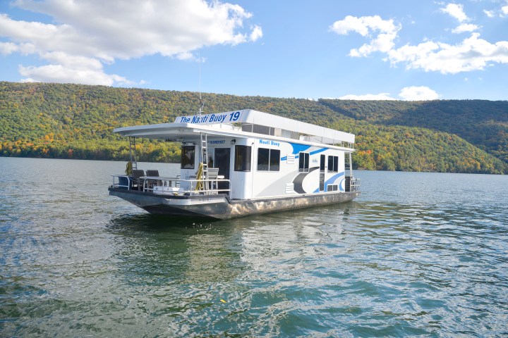 a small boat in a large body of water