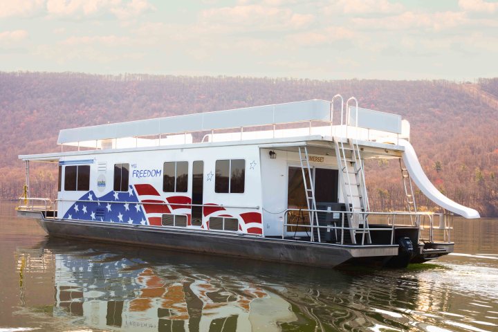 a small boat in a large body of water